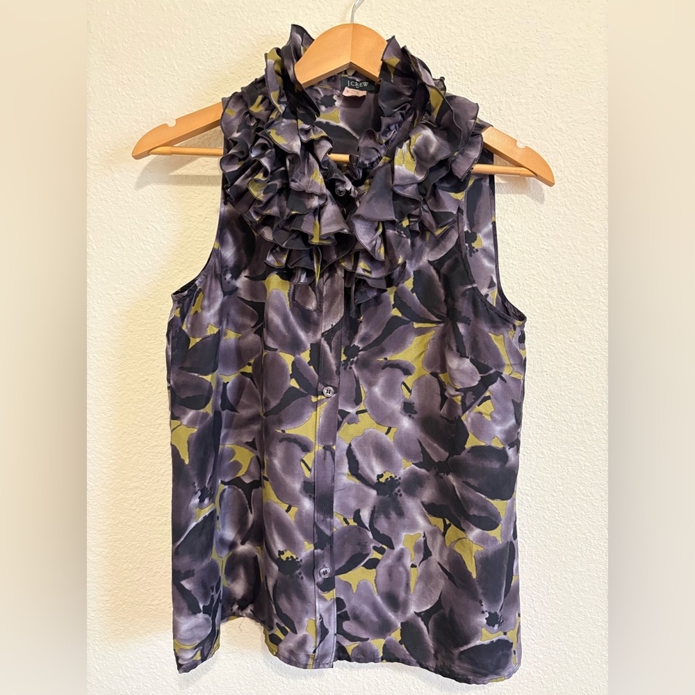 J. Crew Purple and Green Floral Ruffle Collar Blouse